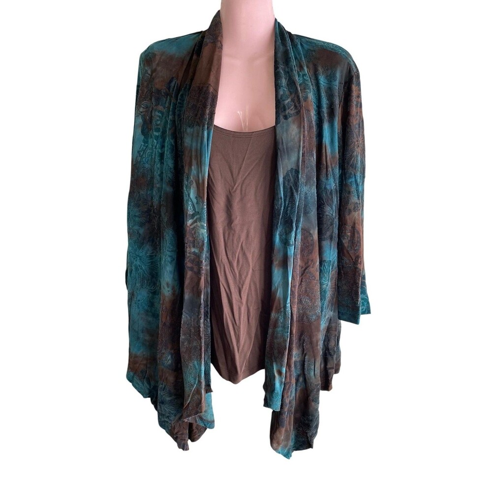 Sami + Jo Tunic Top Womens XL Blue Brown Paisley Open Front Layered Cardigan